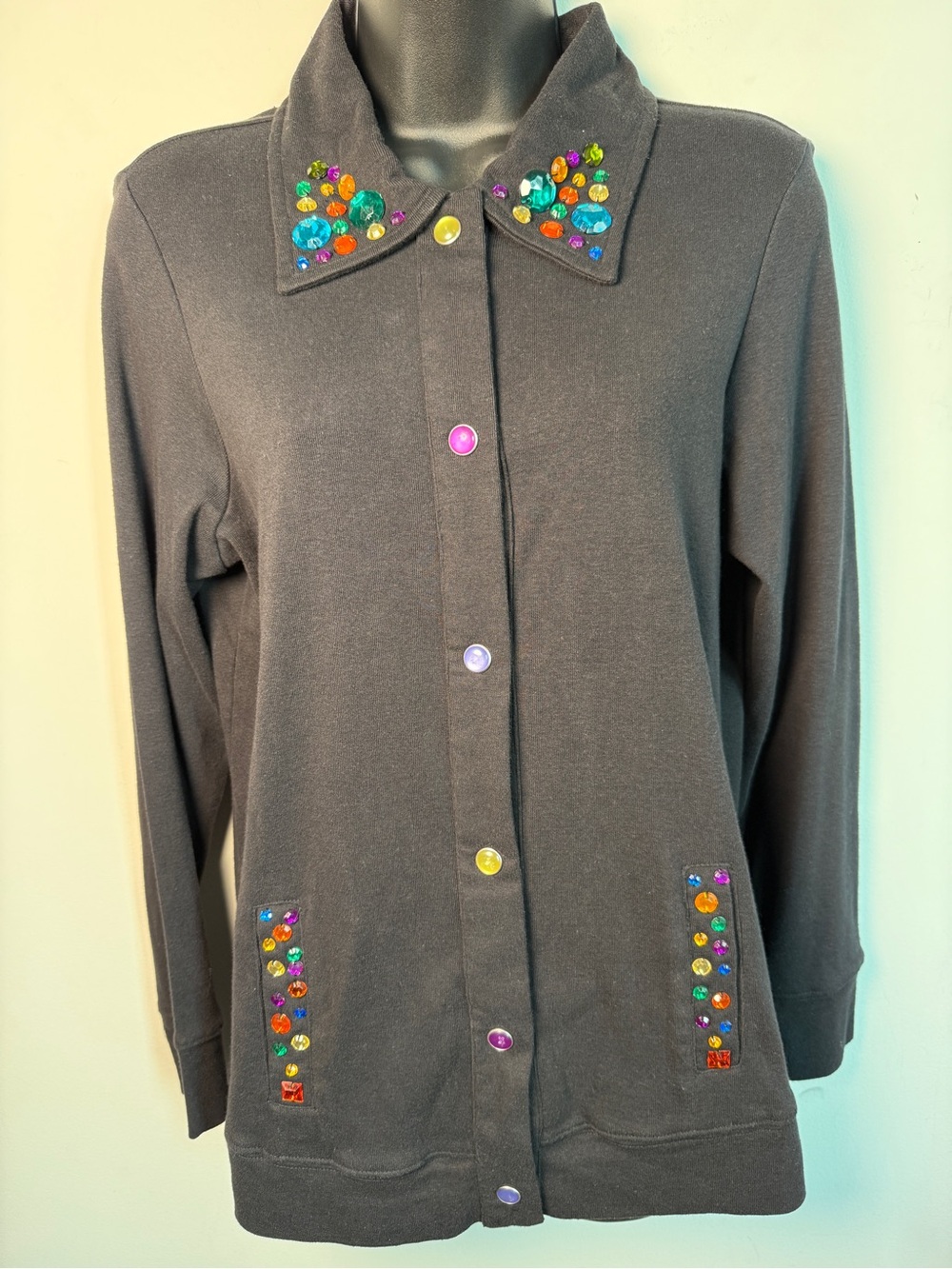Passports Jeweled Multi Colored Rhinestone Collar Button Up Top Black Sz M